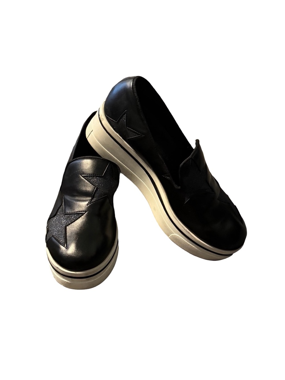 Womens Stella McCartney Black Leanther Binx Stars Slip-On Platform Sneakers 36